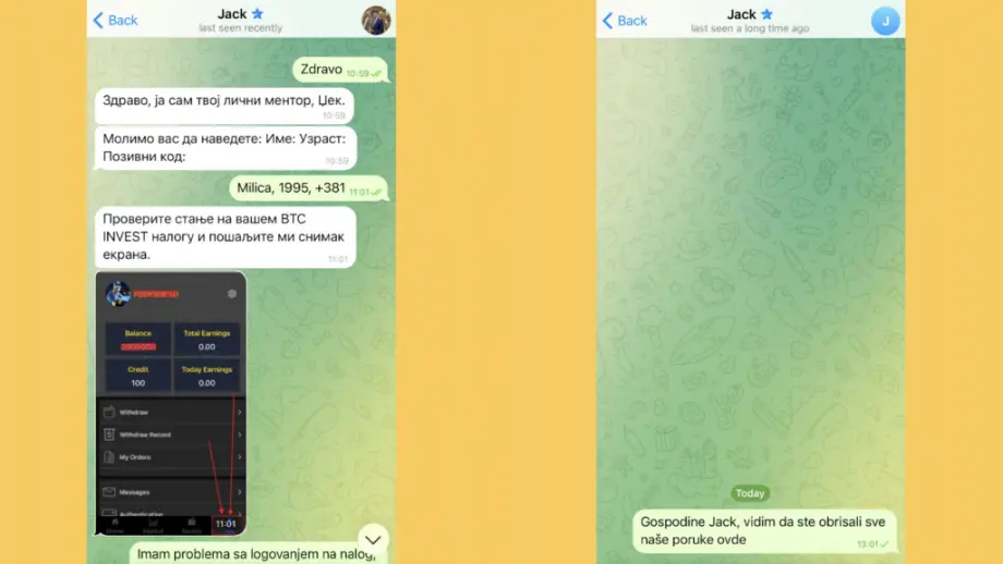Telegram prepiska novinara BIRN-a sa „mentorom” Džekom.