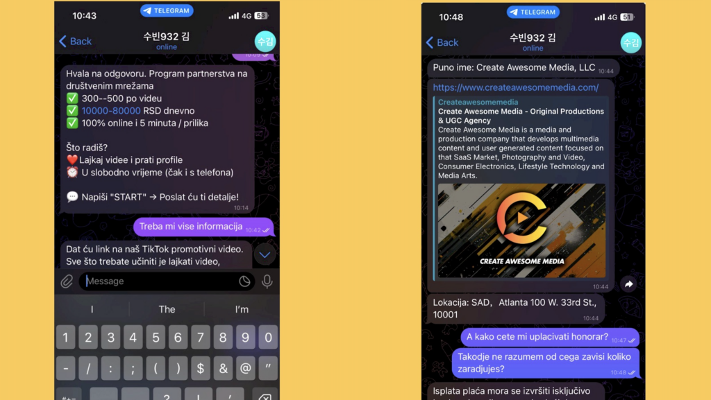 Telegram prepiska u kojoj je novinaru BIRN-a ponuđen „posao” u kompaniji Create Awesome Media.