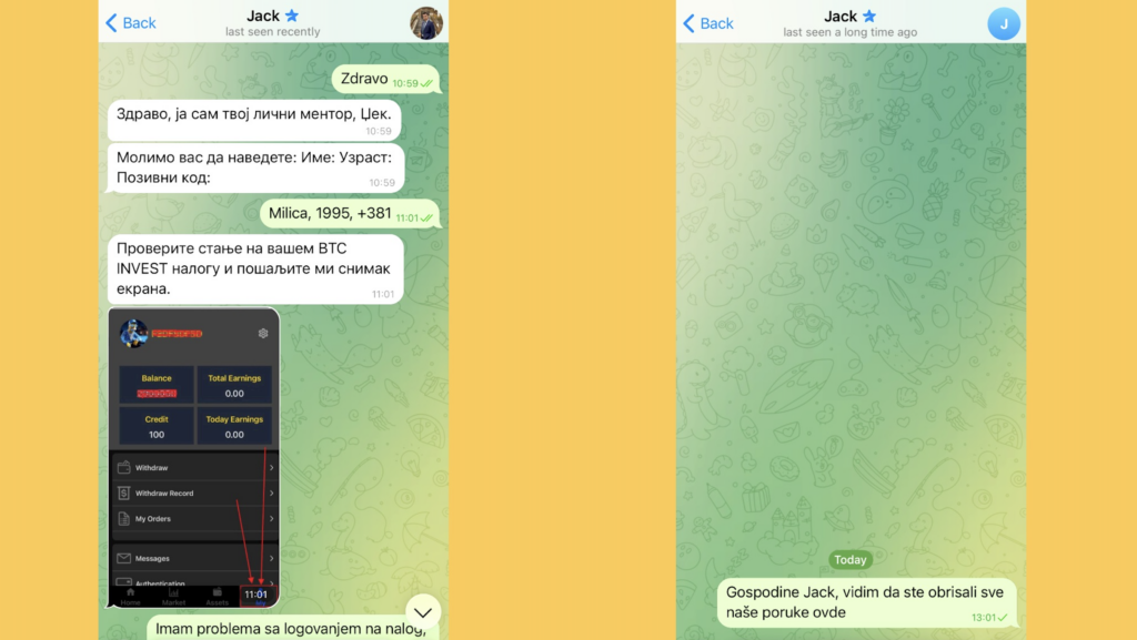 Telegram prepiska novinara BIRN-a sa „mentorom” Džekom.